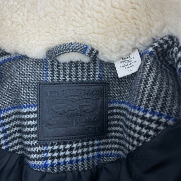 Levi's Amaya Wool Blend Houndstooth Plaid Coat Faux Fur Gray Blue Size L - Picture 11 of 11